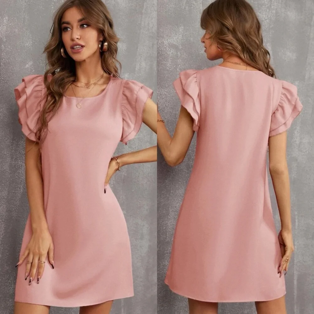 Ruffle frill layered short sleeve tunic dress business casual cocktail baby blue - Picture 6 of 11